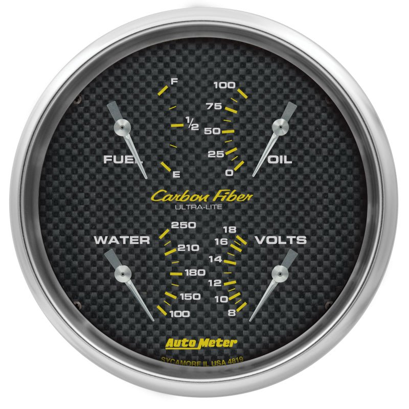 AutoMeter - AutoMeter Carbon Fiber Quad Gauge 5in. 0 Ohm (E) - 90 Ohm (F) Electric - Demon Performance
