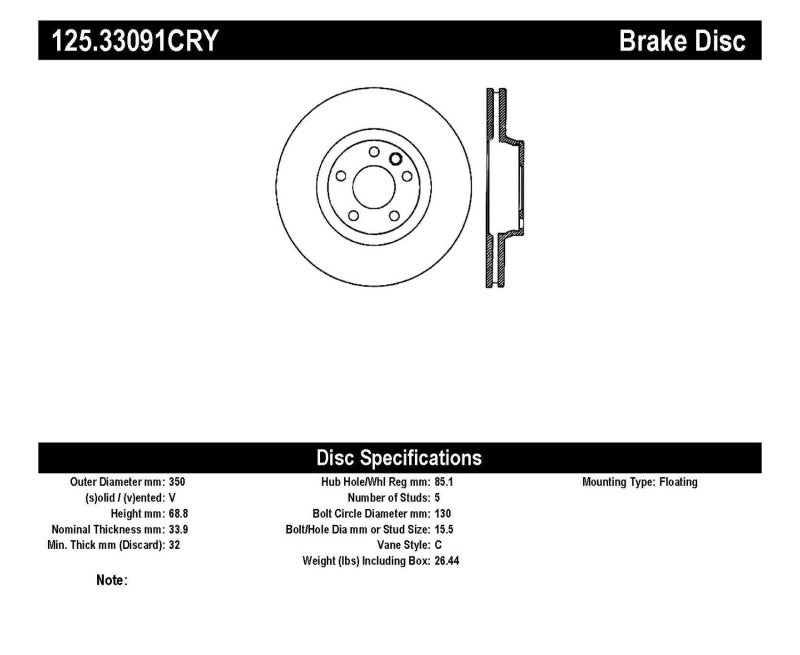 Stoptech - Centric Premium 03-18 Porsche Cayenne Front Right CRYO-STOP Rotor - Demon Performance