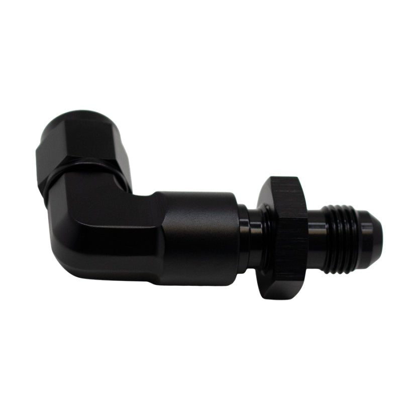 DeatschWerks - DeatschWerks 6AN Female Flare Swivel to 6AN Male Flare 90-Degree Bulkhead - Anodized Matte Black - Demon Performance