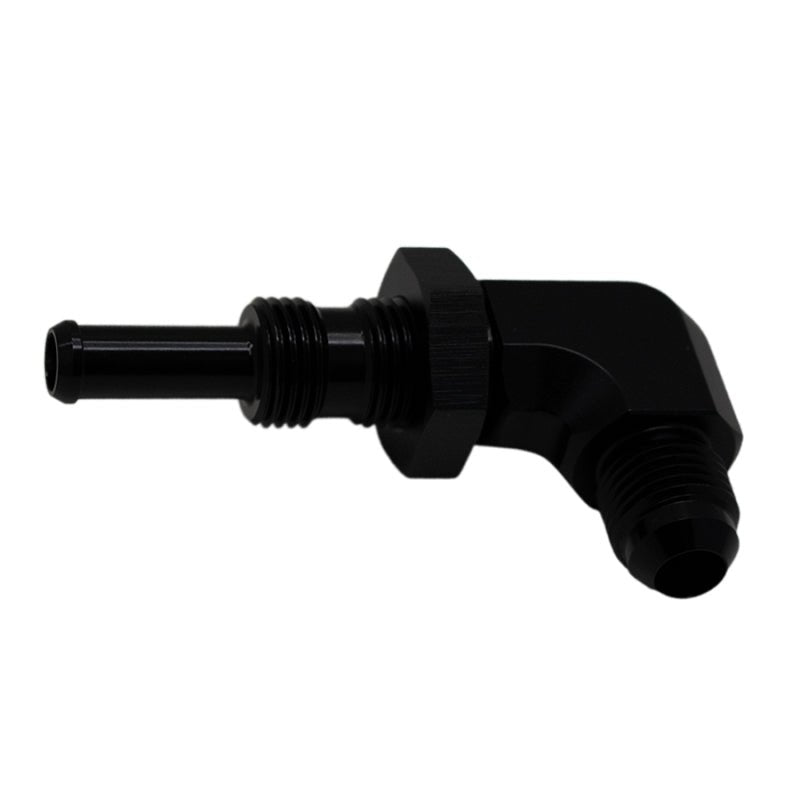 DeatschWerks - DeatschWerks 6AN Male Flare to 5/16in Male Barb Bulkhead Adapter 90-Degree - Anodized Matte Black - Demon Performance