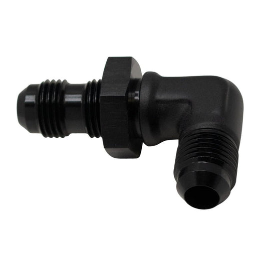 DeatschWerks - DeatschWerks 6AN Male Flare to 6AN Male Flare Bulkhead Adapter 90-Degree - Anodized Matte Black - Demon Performance