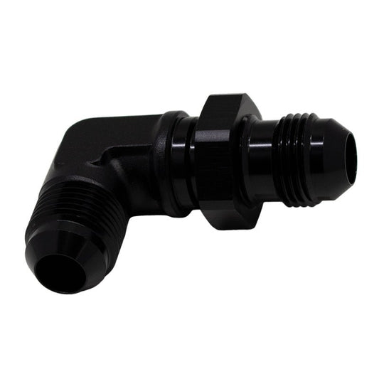 DeatschWerks - DeatschWerks 8AN Male Flare to 8AN Male Flare Bulkhead Adapter 90-Degree - Anodized Matte Black - Demon Performance