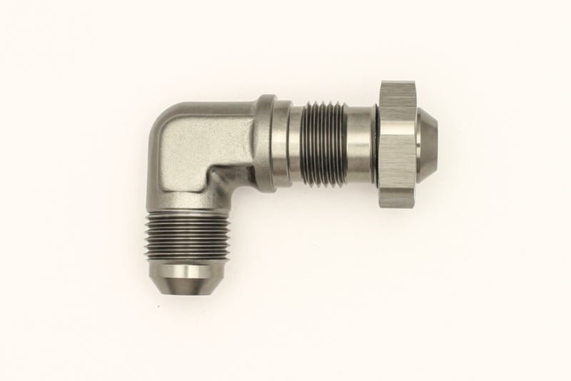 DeatschWerks - DeatschWerks 8AN Male Flare To 8AN Male Flare Bulkhead Adapter 90-Degree (Incl. Nut) - Demon Performance