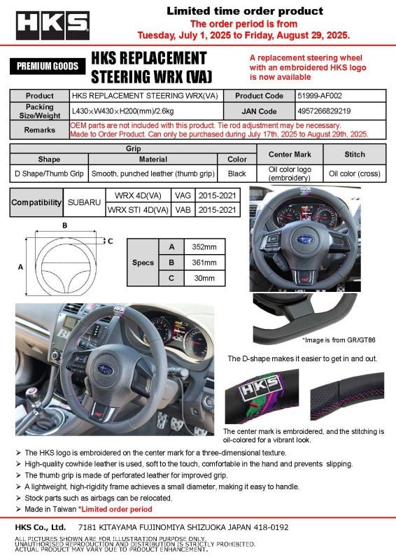 HKS - HKS Subaru WRX STI VAB Replacement Steering Wheel - Demon Performance