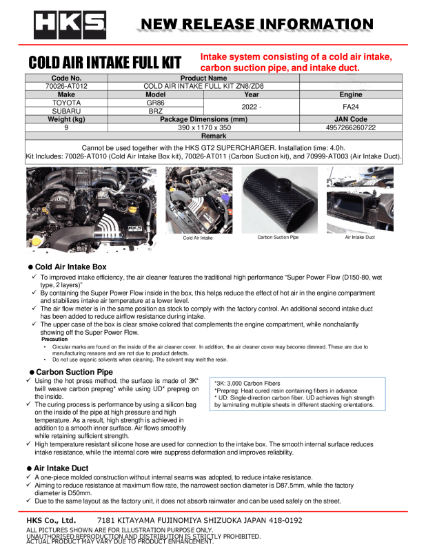 HKS - HKS Subaru ZN8/ZD8 Cold Air Intake Full Kit - Demon Performance
