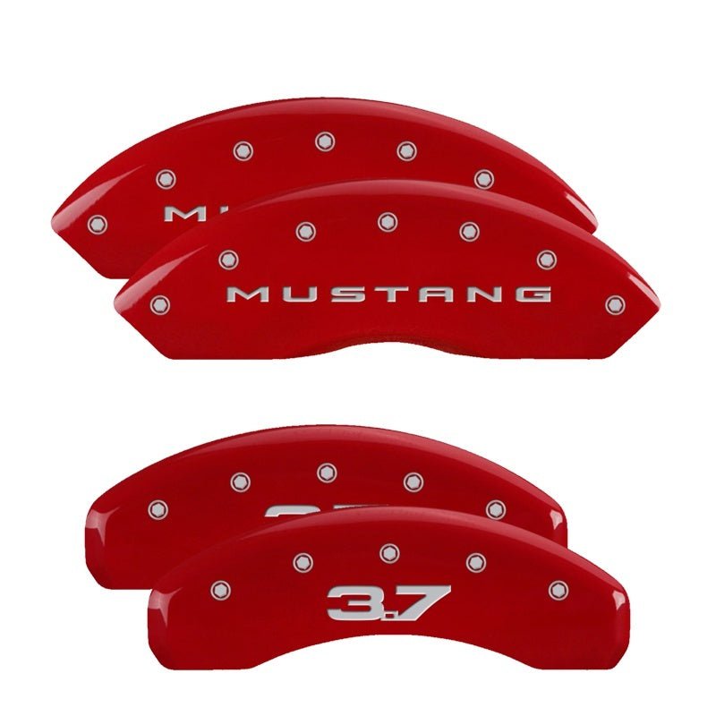 MGP - MGP 4 Caliper Covers Engraved Front 2015/Mustang Engraved Rear 2015/37 Red finish silver ch - Demon Performance