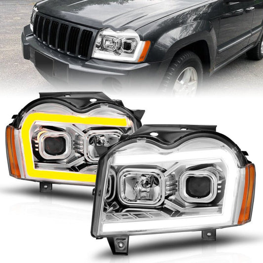 ANZO - ANZO 05-07 Jeep Grand Cherokee Projector Headlights - w/ Light Bar Switchback Chrome Housing - Demon Performance
