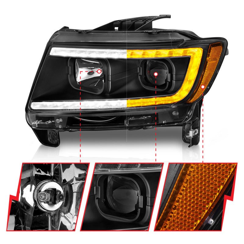 ANZO - ANZO 11-13 Jeep Grand Cherokee (Factory Halogen Only) Projector Headlights w/Light Bar Swtchbk Black - Demon Performance