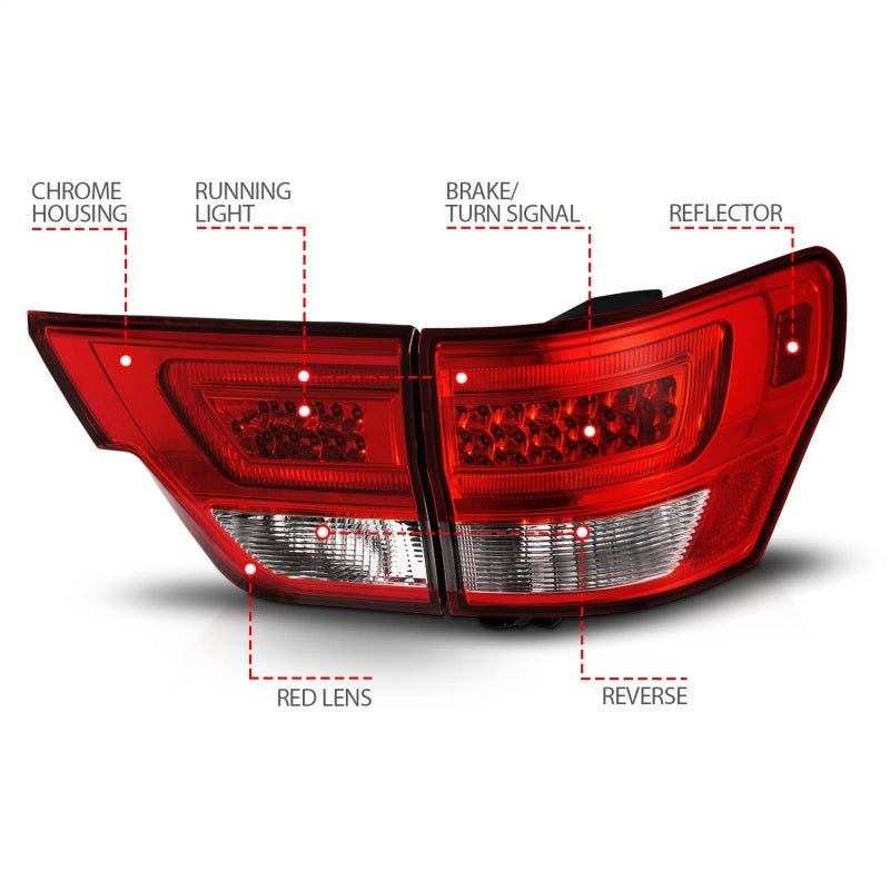 ANZO - ANZO 11-13 Jeep Grand Cherokee LED Taillights w/ Lightbar Chrome Housing Red/Clear Lens 4pcs - Demon Performance