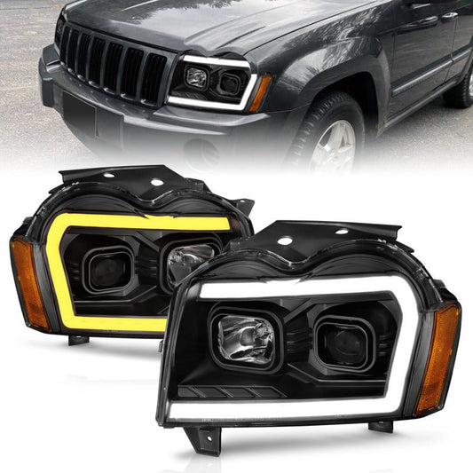 ANZO - ANZO 2005-2007 Jeep Grand Cherokee Projector Headlights w/ Light Bar Switchback Black Housing - Demon Performance