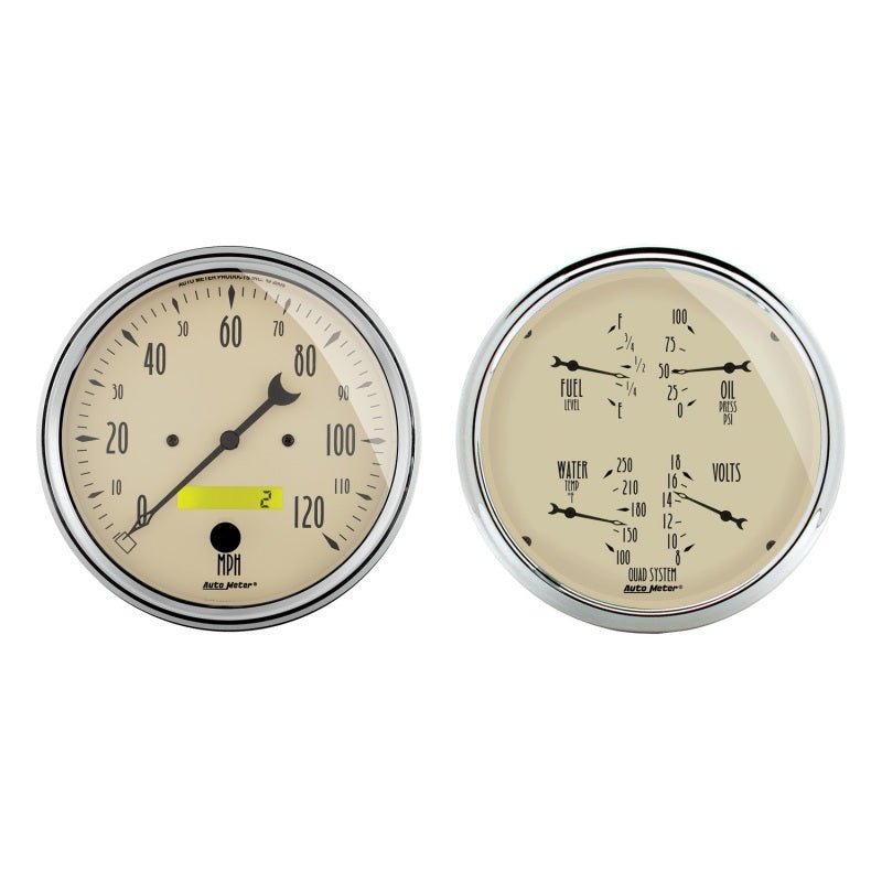 AutoMeter - Autometer 5 inch Antique Beige 2 Piece Gauge Kit - Quad & Speedometer - Demon Performance