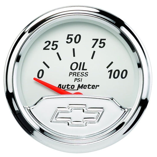 AutoMeter - Autometer Chevy Vintage Bowtie 2-1/16in 0-100PSI Electronic Oil Pressure Gauge - Demon Performance