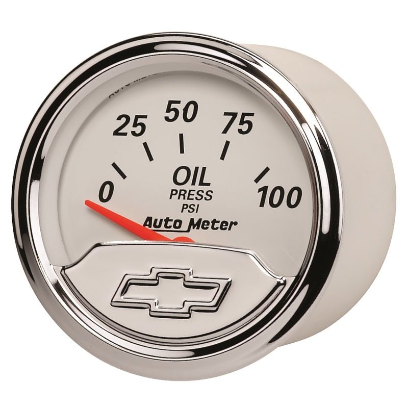 AutoMeter - Autometer Chevy Vintage Bowtie 2-1/16in 0-100PSI Electronic Oil Pressure Gauge - Demon Performance
