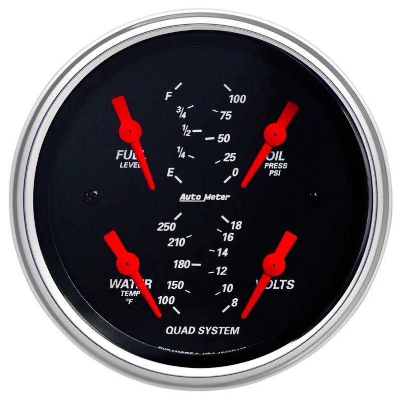 AutoMeter - Autometer Designer Black 3-3/8in Quad Gauge - Fuel Level/Oil Pressure/Water Temperature/Voltmeter - Demon Performance