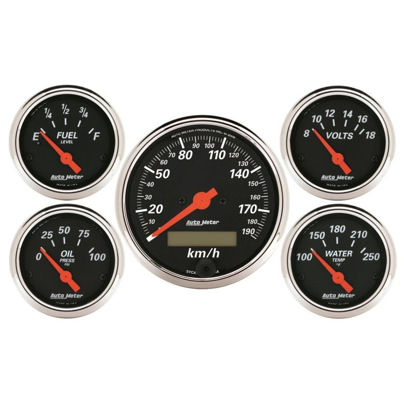 AutoMeter - Autometer Designer Black 5 Pc Kit w/ Elec KMH Speedo, Oil Press, Water Temp, Volt, Fuel Level - Demon Performance
