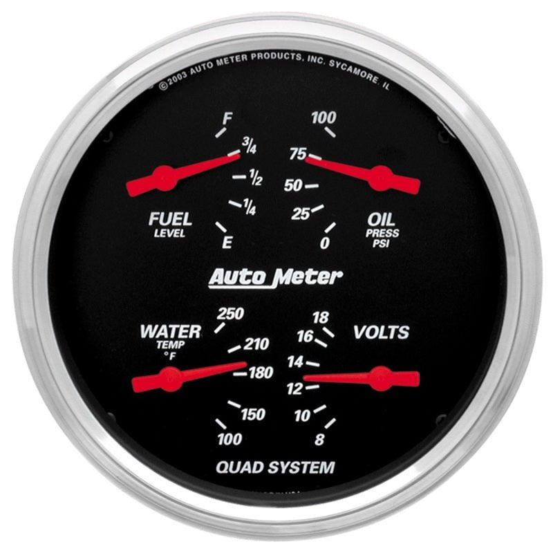 AutoMeter - Autometer Designer Black 5in Quad Gauge - Fuel Level / Oil Pressure / Water Temperature / Voltmeter - Demon Performance