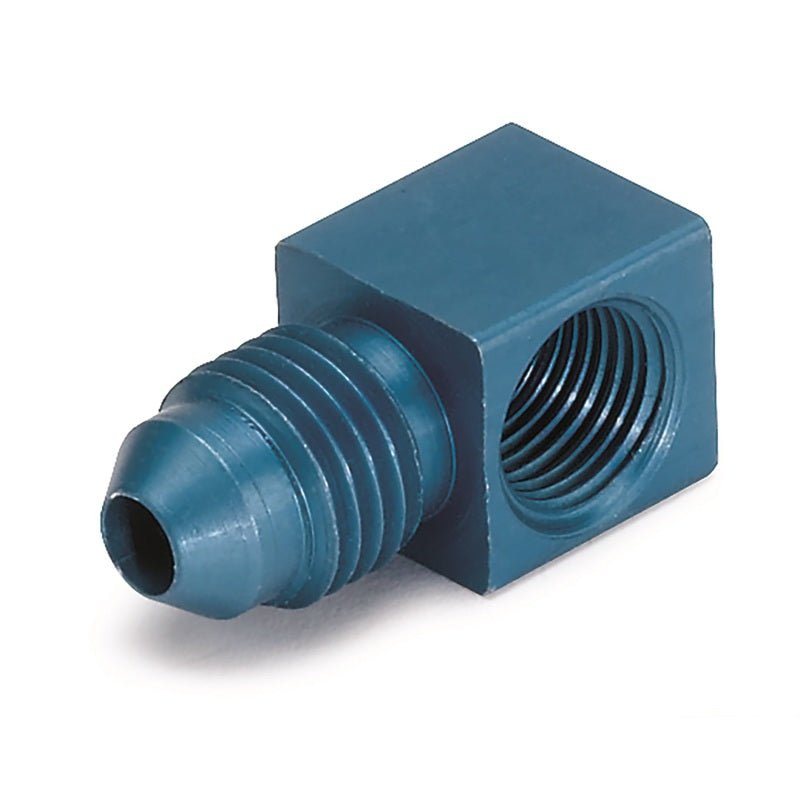 AutoMeter - AutoMeter Fitting Adapter 90 Deg. 1/8in. NPT Female To -4AN Male Aluminum Blue Anodized - Demon Performance