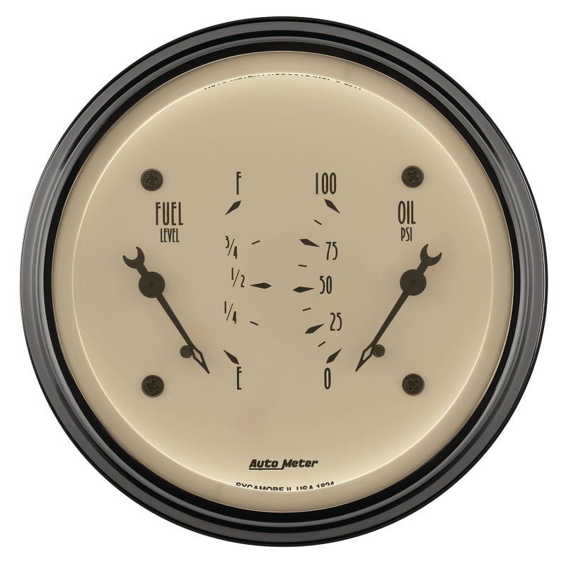 AutoMeter - AutoMeter Gauge Dual Fuel & Oilp 3-3/8in. 0 Ohm(e) to 90 Ohm(f)& 100PSI Elec Antq Beige - Demon Performance