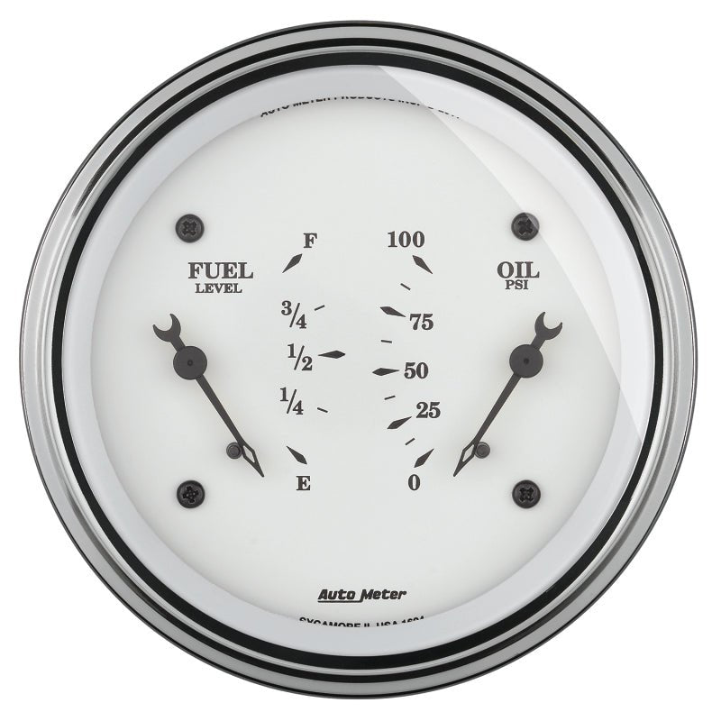 AutoMeter - AutoMeter Gauge Dual Fuel & Oilp 3-3/8in. 0 Ohm(e) to 90 Ohm(f)& 100PSI Elec Old Tyme White - Demon Performance