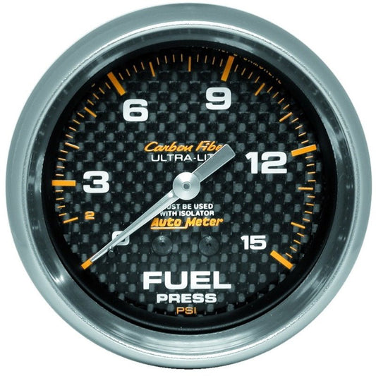 AutoMeter - AutoMeter Gauge Fuel Pressure 2-5/8in. 15PSI Mech. Incl. Isolator Carbon Fiber - Demon Performance