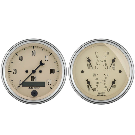 AutoMeter - AutoMeter Gauge Kit 2 Pc. Quad & Speedometer 3-3/8in. Antique Beige - Demon Performance