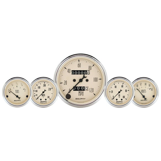 AutoMeter - AutoMeter Gauge Kit 5 Pc. 3-1/8in. & 2-1/16in. Mech. Speedo. Wtmp & Oilp Antq Beige - Demon Performance