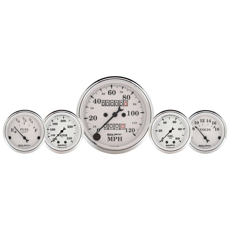 AutoMeter - AutoMeter Gauge Kit 5 Pc. 3-1/8in. & 2-1/16in. Mech. Speedo. Wtmp & Oilp Old Tyme Wht - Demon Performance