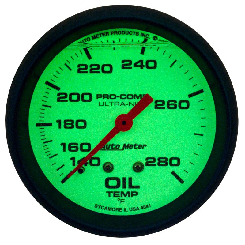 AutoMeter - AutoMeter Gauge Oil Temp 2-5/8in. 140-280 Deg. F Liquid Filled Mech Glow In Dark Ultra-Nite - Demon Performance
