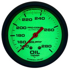 AutoMeter - AutoMeter Gauge Oil Temp 2-5/8in. 140-280 Deg. F Liquid Filled Mech Glow In Dark Ultra-Nite - Demon Performance