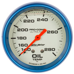 AutoMeter - AutoMeter Gauge Oil Temp 2-5/8in. 140-280 Deg. F Liquid Filled Mech Glow In Dark Ultra-Nite - Demon Performance
