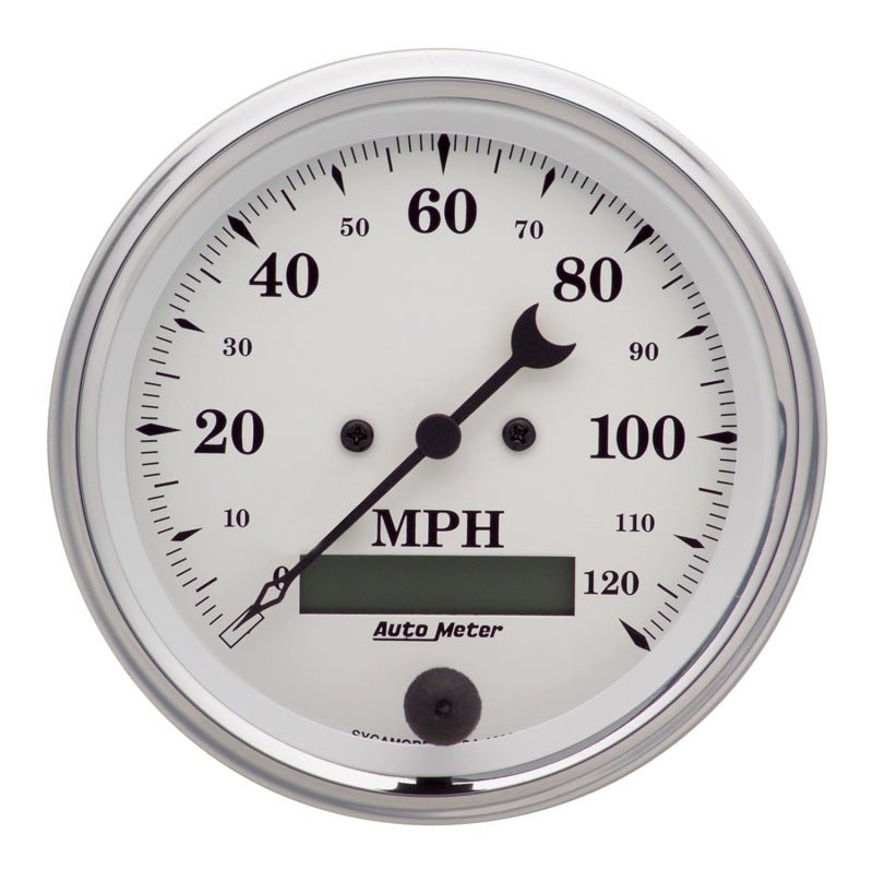 AutoMeter - AutoMeter Gauge Speedo. 3-3/8in. 120MPH Elec. Prog. W/ Lcd Odo Old Tyme White - Demon Performance