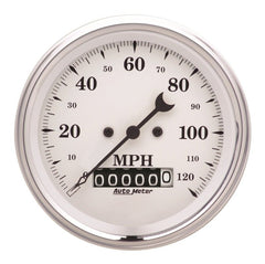 AutoMeter - AutoMeter Gauge Speedo. 3-3/8in. 120MPH Elec. Prog. W/ Wheel Odo Old Tyme White - Demon Performance