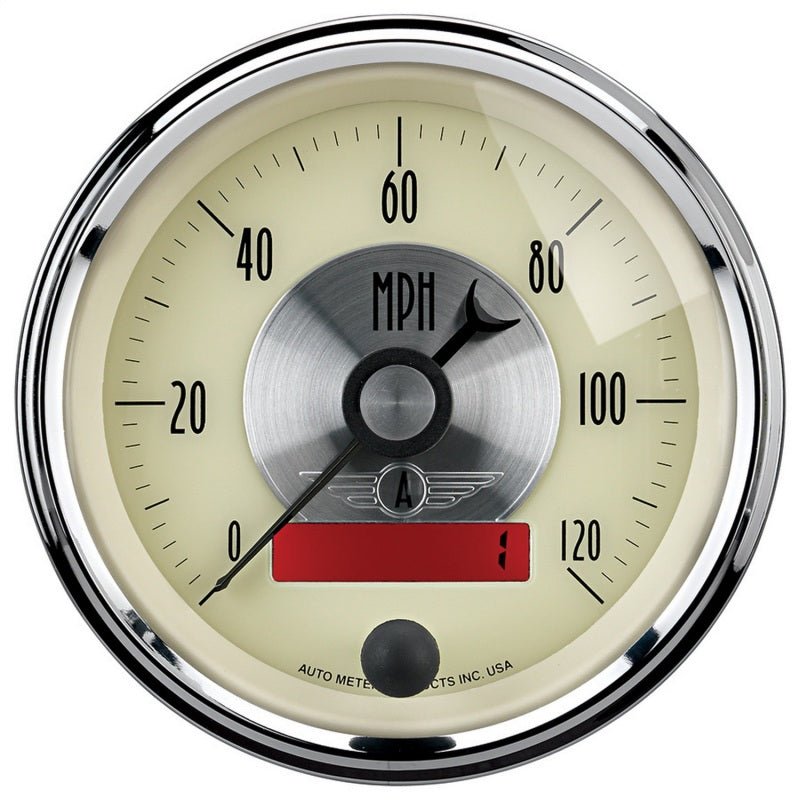 AutoMeter - AutoMeter Gauge Speedo 3-3/8in. 120MPH Elec. Program W/Lcd Odo Prestige Antq. Ivory - Demon Performance