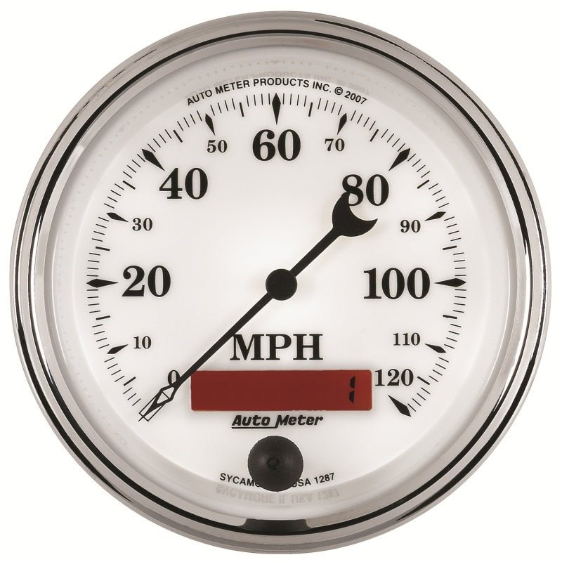 AutoMeter - AutoMeter Gauge Speedometer 3-3/8in. 120MPH Elec. Prog. W/ Lcd Odo Old Tyme Wht II - Demon Performance