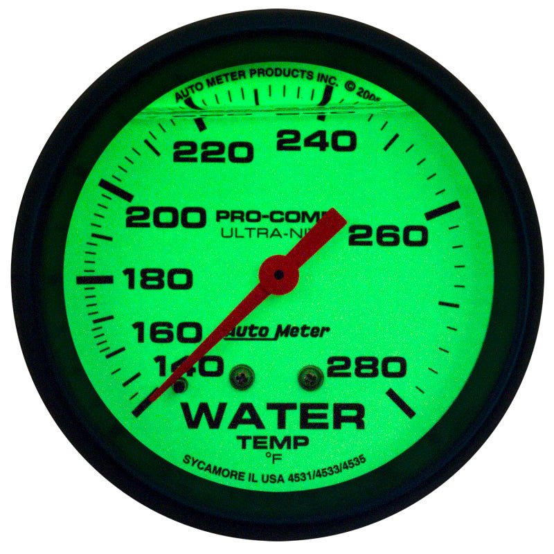 AutoMeter - AutoMeter Gauge Wtemp 2-5/8in. 140-280 Deg. F Liq Filld Mech 4ft. Glow In Dark Ultra-Nite - Demon Performance