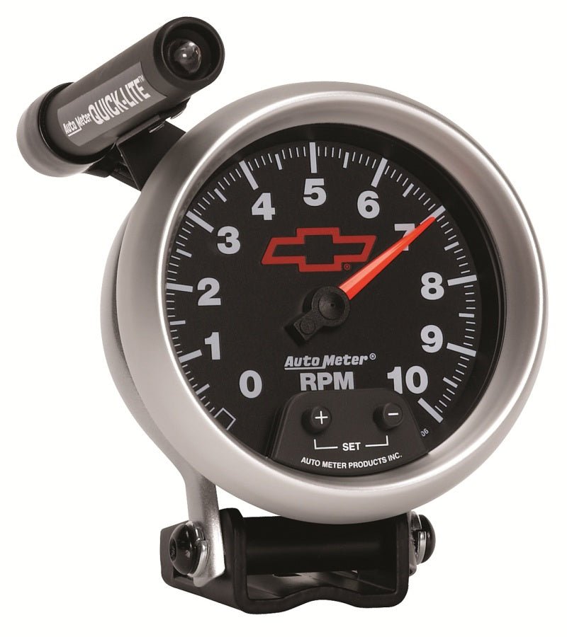 AutoMeter - Autometer GM Red Bowtie Black 3-3/4in 0-10000 RPM Pedestal Mount Tachometer Quick-Lite - Demon Performance