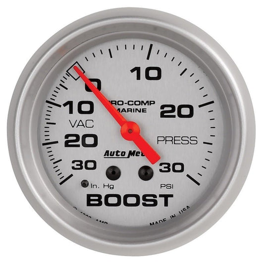 AutoMeter - AutoMeter Marine Vac/Boost Gauge 2 5/8in 30INHG 30PSI Mechanical- Silver - Demon Performance