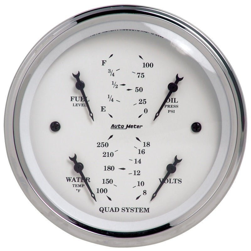 AutoMeter - Autometer Old Tyme White 3-3/8in Short Sweep Electric Quad Gauge-Oil Press 0-100 PSI/Water Temp100- - Demon Performance