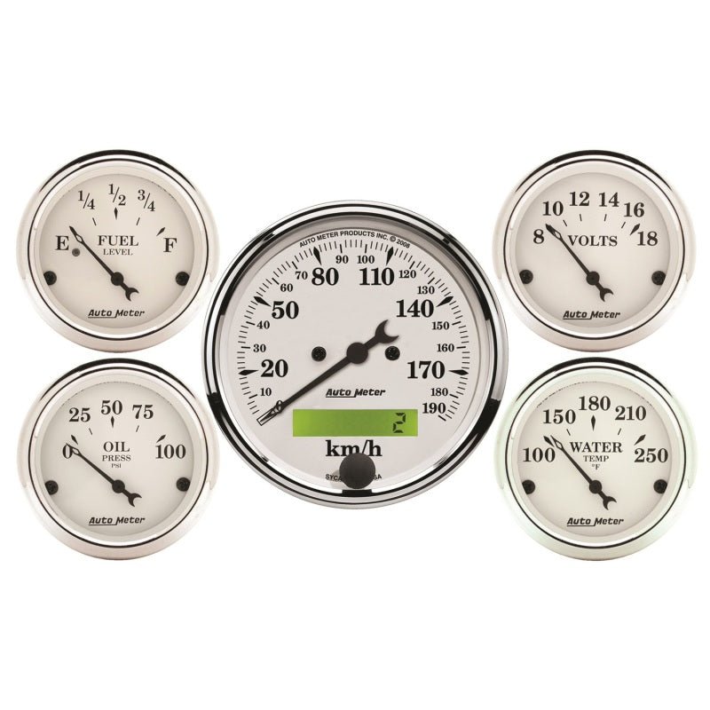 AutoMeter - Autometer Old Tyme White 5 Pc Kit-Elec Speed(Km/H)/Elec Oil Press/Water Temp/Volt/Fuel Level - Demon Performance