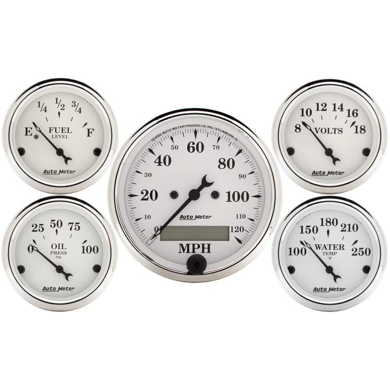 AutoMeter - Autometer Old Tyme White 5 Piece Kit (Elec Speed/Elec Oil Press/Water Temp/Volt/Fuel Level) In-Dash - Demon Performance