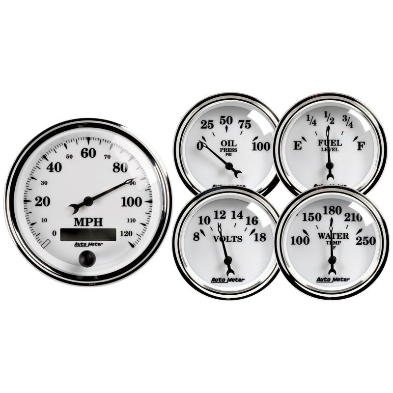 AutoMeter - Autometer Old Tyme White II 5 Piece Kit (Elec Speed/Oil Press/Water Temp/Volt/Fuel Level) - Demon Performance