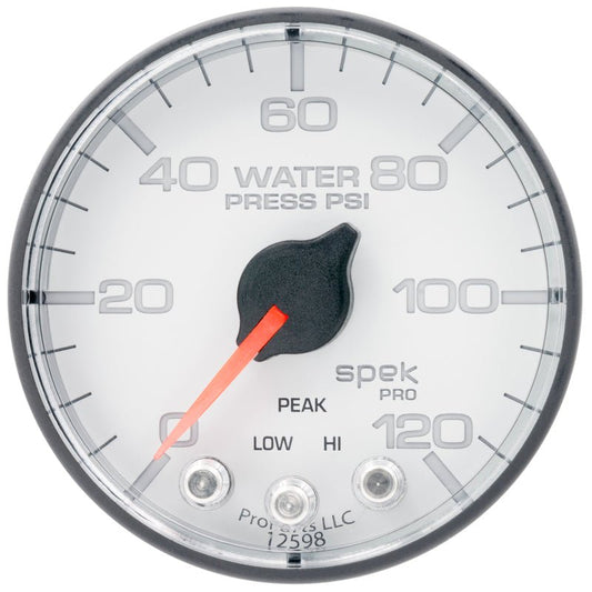 AutoMeter - Autometer Spek-Pro 2 1/16in 120PSI Stepper Motor W/Peak & Warn White/Black Water Pressure Gauge - Demon Performance
