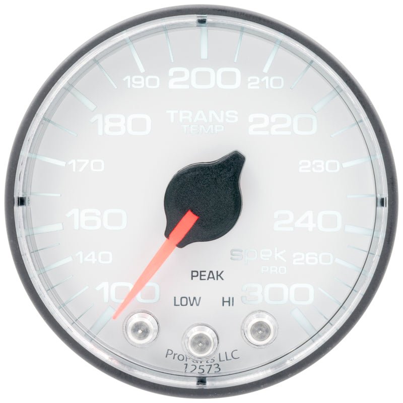 AutoMeter - Autometer Spek-Pro 2 1/16in 300 Degree F Stepper Motor W/Peak & Warn White/Black Trans Temp Gauge - Demon Performance