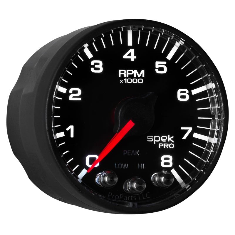 AutoMeter - Autometer Spek-Pro Black 2 1/16 inch 8K RPM Tach w/ Shift Light and Peak Memory - Demon Performance