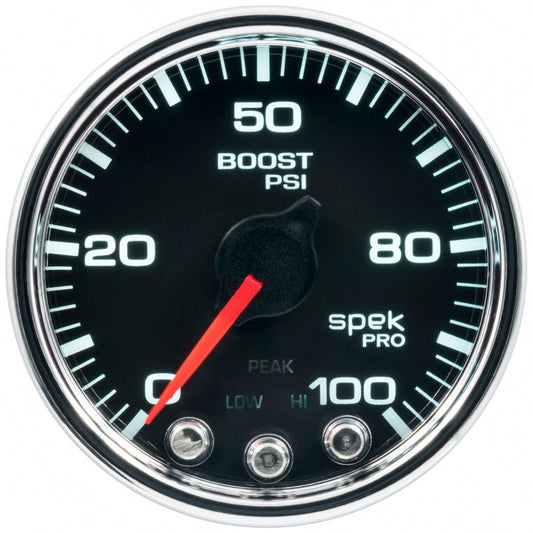 AutoMeter - Autometer Spek-Pro Gauge Boost 2 1/16in 100psi Stepper Motor W/Peak & Warn Blk/Chrm - Demon Performance