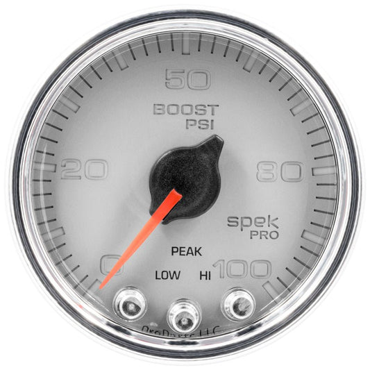 AutoMeter - Autometer Spek-Pro Gauge Boost 2 1/16in 100psi Stepper Motor W/Peak & Warn Slvr/Chrm - Demon Performance