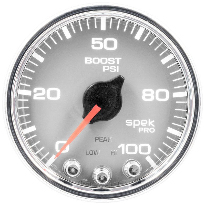AutoMeter - Autometer Spek-Pro Gauge Boost 2 1/16in 100psi Stepper Motor W/Peak & Warn Slvr/Chrm - Demon Performance