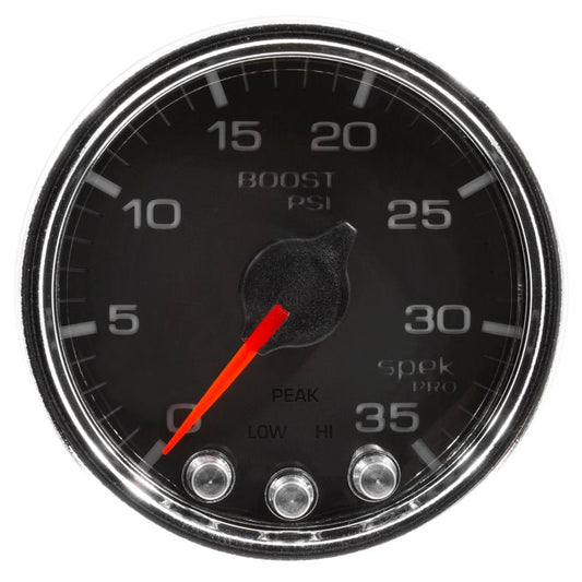 AutoMeter - Autometer Spek-Pro Gauge Boost 2 1/16in 35psi Stepper Motor W/Peak & Warn Black/Chrome - Demon Performance
