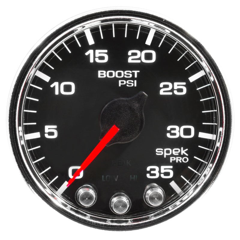 AutoMeter - Autometer Spek-Pro Gauge Boost 2 1/16in 35psi Stepper Motor W/Peak & Warn Black/Chrome - Demon Performance