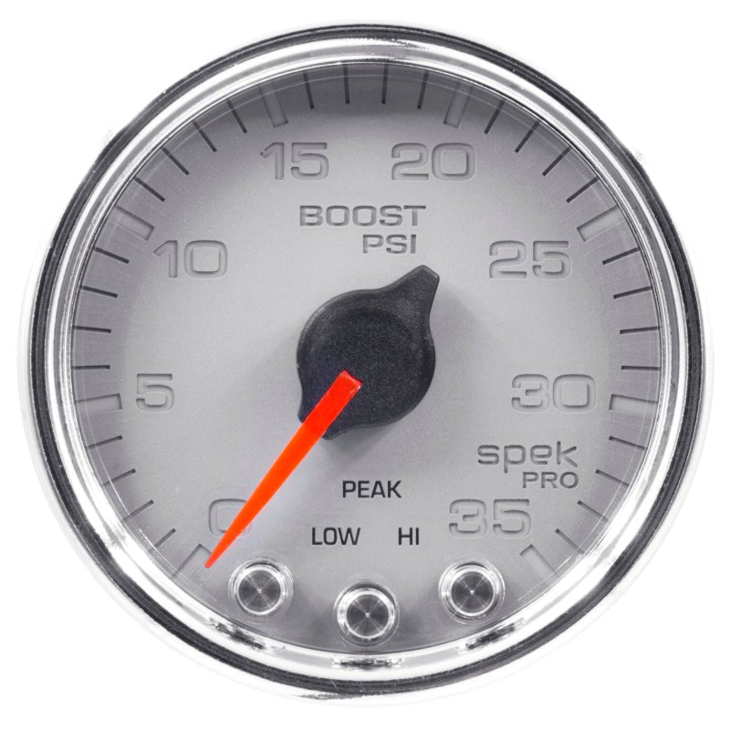 AutoMeter - Autometer Spek-Pro Gauge Boost 2 1/16in 35psi Stepper Motor W/Peak & Warn Silver/Chrome - Demon Performance